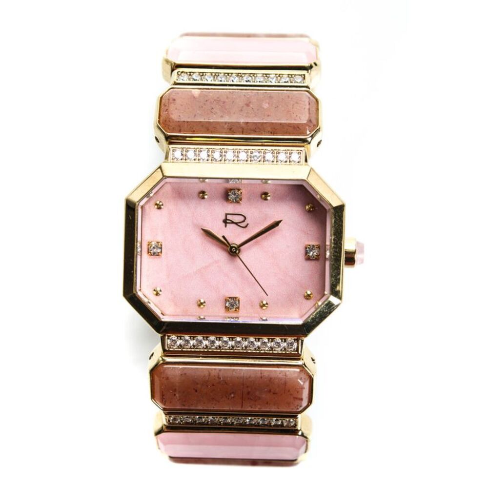 Rarities Gold Plated Stainless Steel Rose Quartz Pink Opal Open Bangle Watch